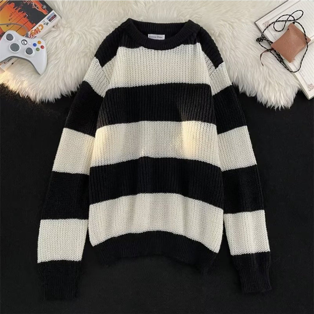 Men's Wool Contrast Sweater, Coffee-Brown\u002FBlack-White Stripes + Vertical Rib Texture + Oversized Fit, Trendy Brand Lazy Style Couple's Knit Top Coat