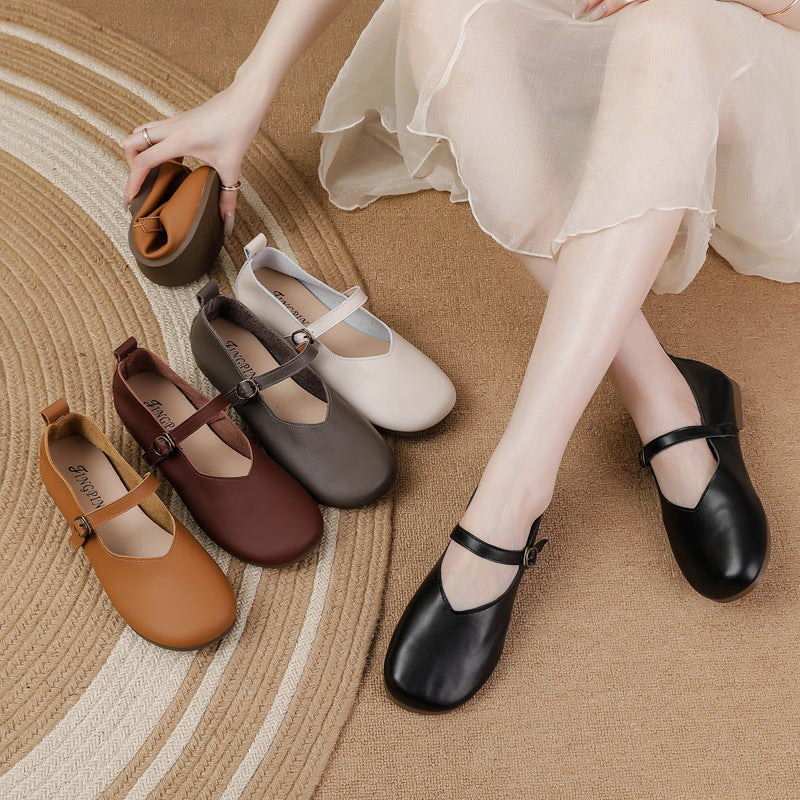 2026 New Style Women's Genuine Cowhide Cover Casual Shoes, Vintage Mary Jane Cover Shoes, Suitable for Matching with Skirts, One-Strap Flat Shoes for Women, Women Shoes