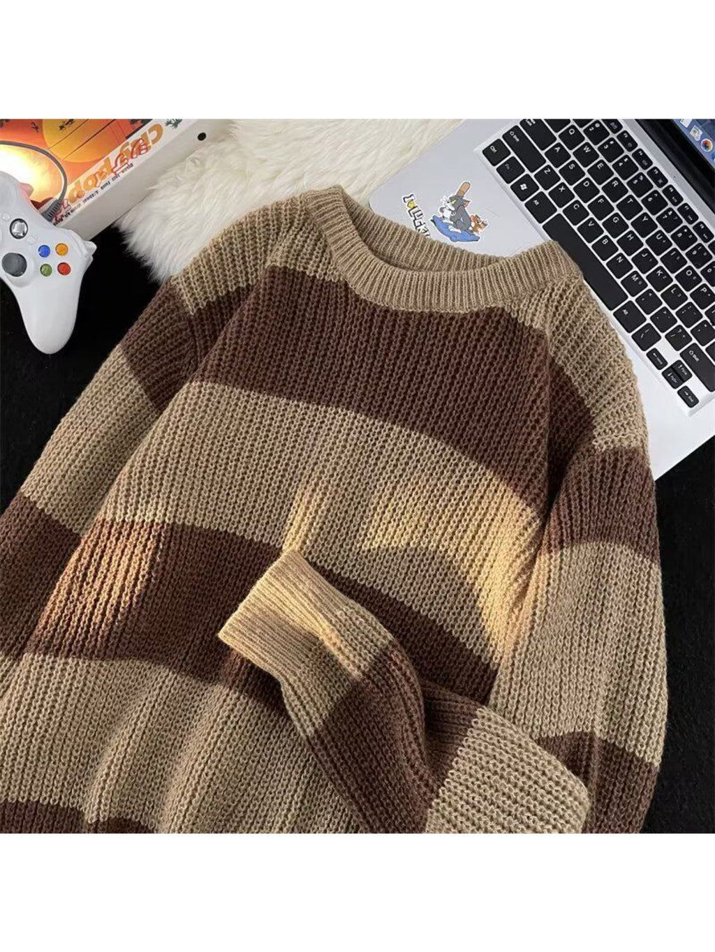 Men's Wool Contrast Sweater, Coffee-Brown\u002FBlack-White Stripes + Vertical Rib Texture + Oversized Fit, Trendy Brand Lazy Style Couple's Knit Top Coat