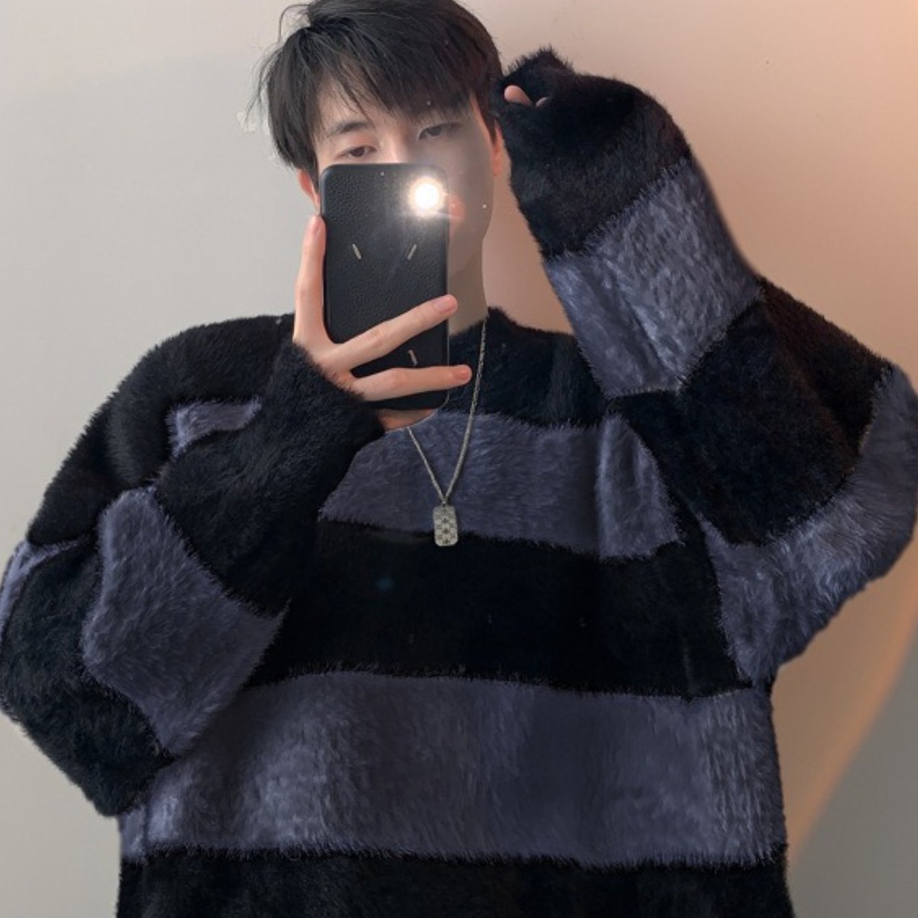 Teen Youth Men Faux Angora Wool Sweater Black White Wide Stripe Oversized Lazy Knit Top Soft Plush Texture Streetwear Shirt for Silver Layering And Cafe Style