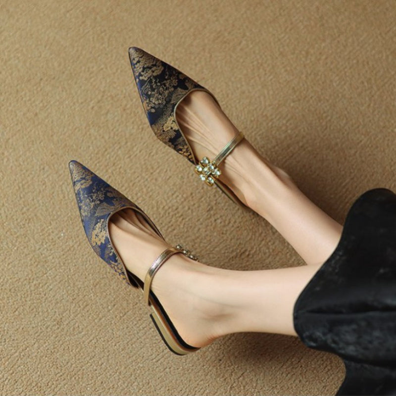 New Summer Chinese-Style Qipao for Women, Featuring Closed-Toe Half with Floral Fabric And Rhinestone Accents, Flat Shoes with a Single Buckle., Women Shoes