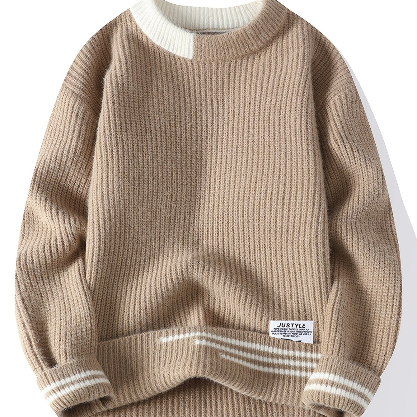 Autumn Winter New Trendy Youth Thickened Men'S Base Sweater | Warm Knitted Top with Crew Neck, Long Sleeve, Geometric-pattern, Velvet Fabric, Slight Stretch, Skinny Fit