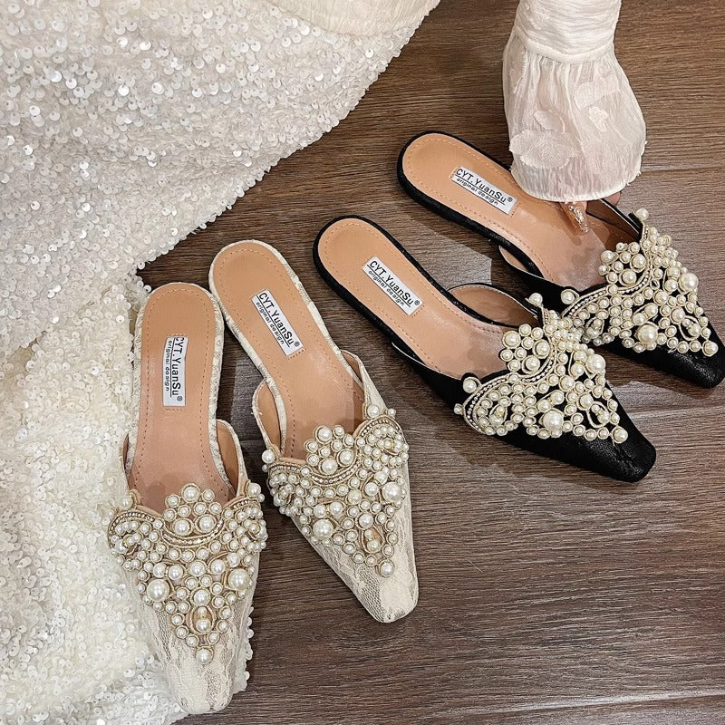 Women' Chinese Style Wedding Mules with & Rhinestone Lace Slippers - Hook-and-Loop Closure Flat Sole Open-Toe Suitable for Outdoor Wear, Spring\u002FSummer Bridal Footwear, & Sole, Women Shoes