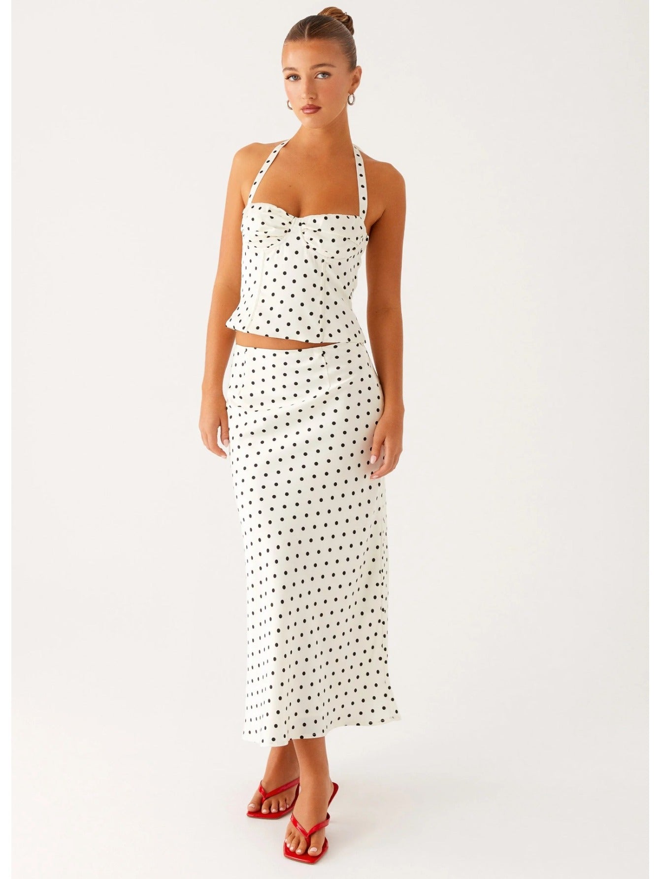 Women's Polka Dot Sexy Backless V-Neck Halter Cami Top & High Waist Flowy Long Skirt 2pcs Set, Elegant, Slim Fit, Figure Flattering, Perfect for Daily, Dating, Vacation, Streetwear.