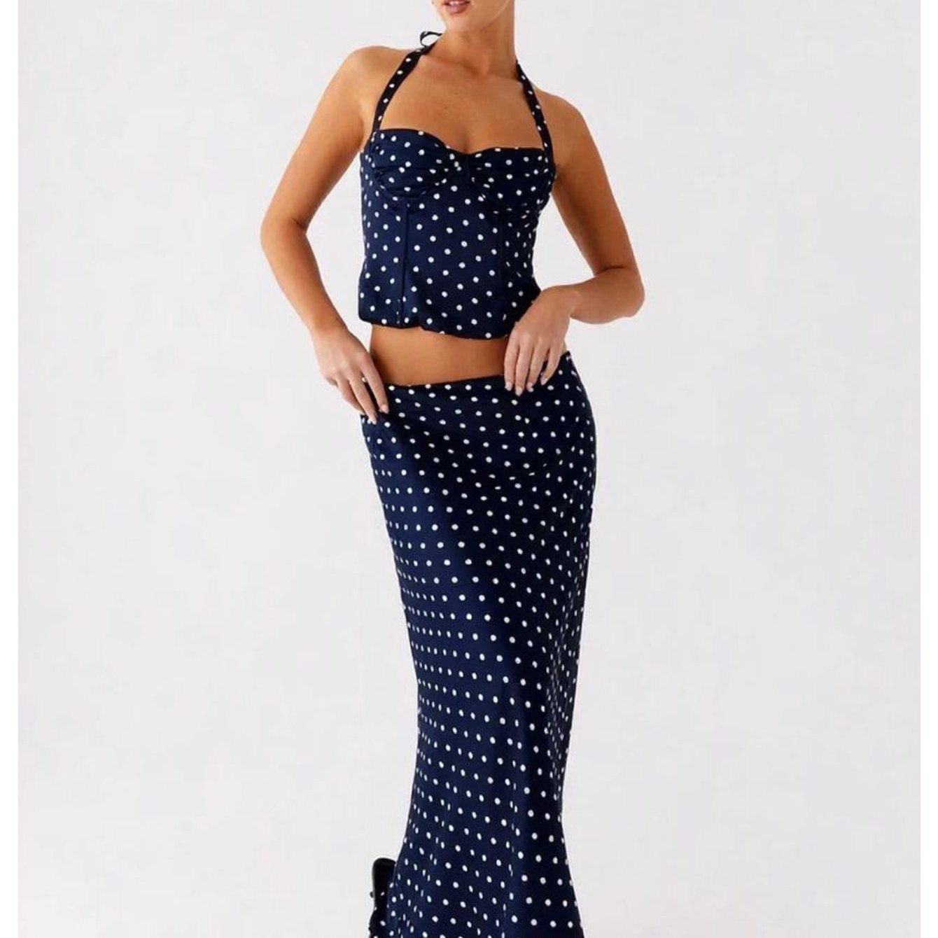 Women's Polka Dot Sexy Backless V-Neck Halter Cami Top & High Waist Flowy Long Skirt 2pcs Set, Elegant, Slim Fit, Figure Flattering, Perfect for Daily, Dating, Vacation, Streetwear.