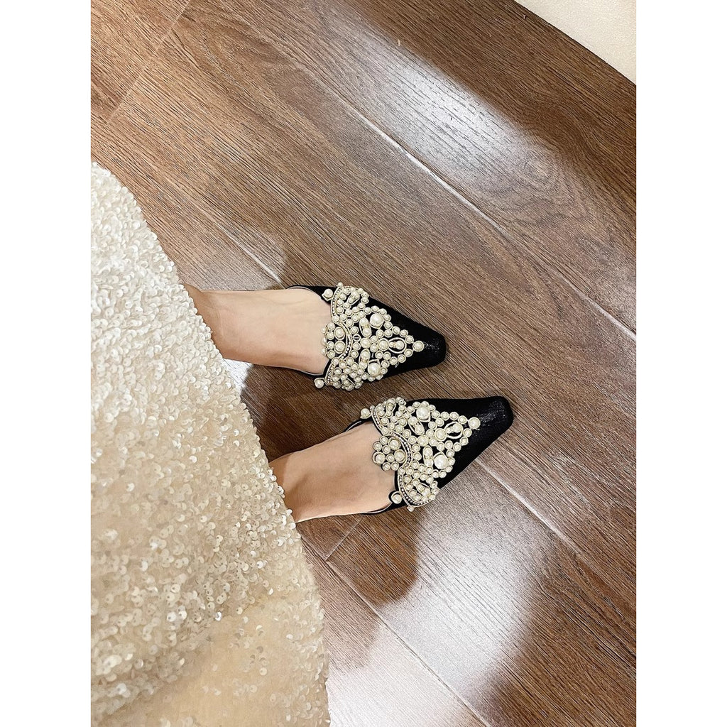 Women' Chinese Style Wedding Mules with & Rhinestone Lace Slippers - Hook-and-Loop Closure Flat Sole Open-Toe Suitable for Outdoor Wear, Spring\u002FSummer Bridal Footwear, & Sole, Women Shoes
