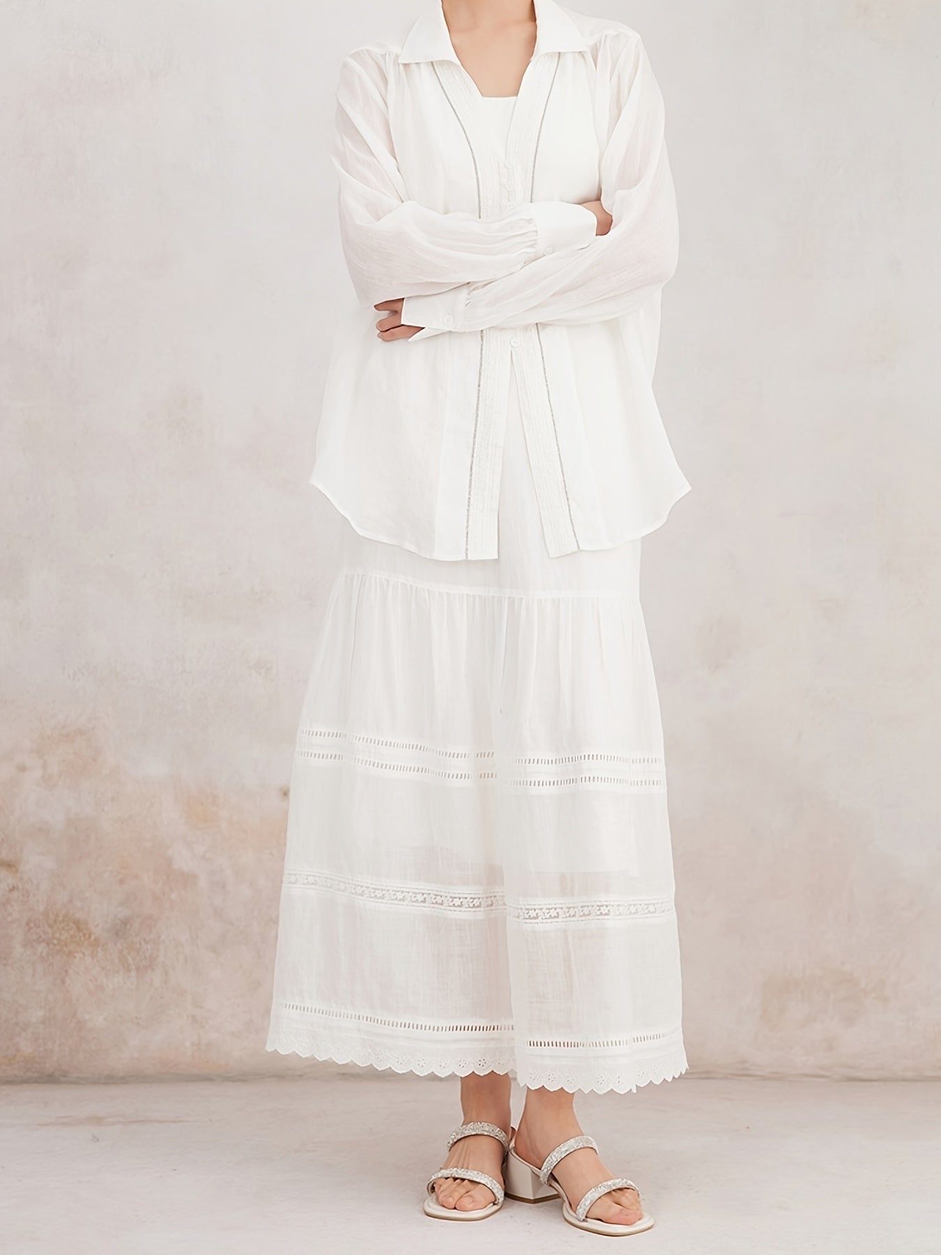 K3093W 100% Ramie Layered Maxi Skirt Featuring Lace Trim, Bohemian Vintage Elegant Flowing Women'S Summer Skirt, Lightweight And Breathable Style Skirt