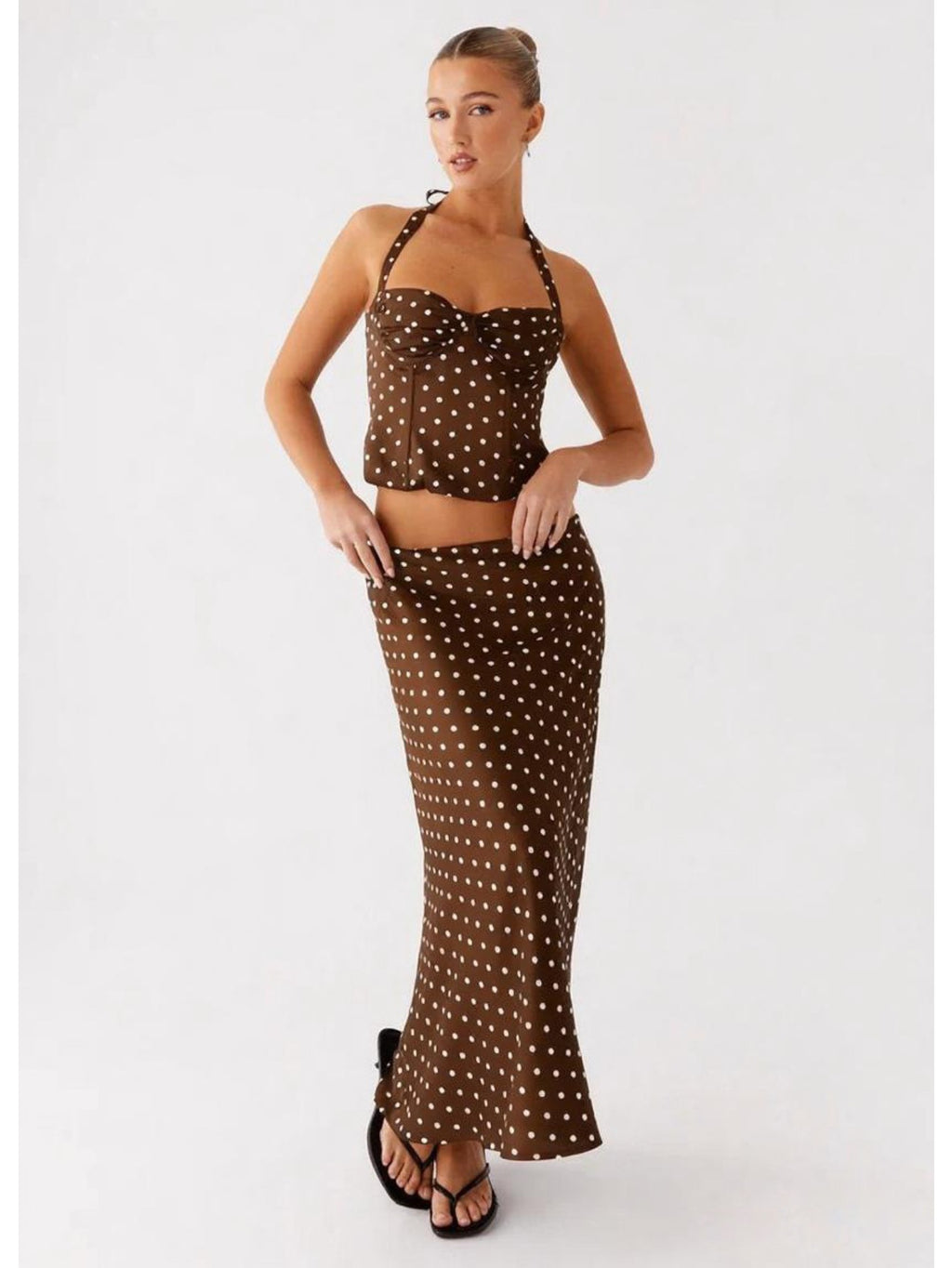 Women's Polka Dot Sexy Backless V-Neck Halter Cami Top & High Waist Flowy Long Skirt 2pcs Set, Elegant, Slim Fit, Figure Flattering, Perfect for Daily, Dating, Vacation, Streetwear.