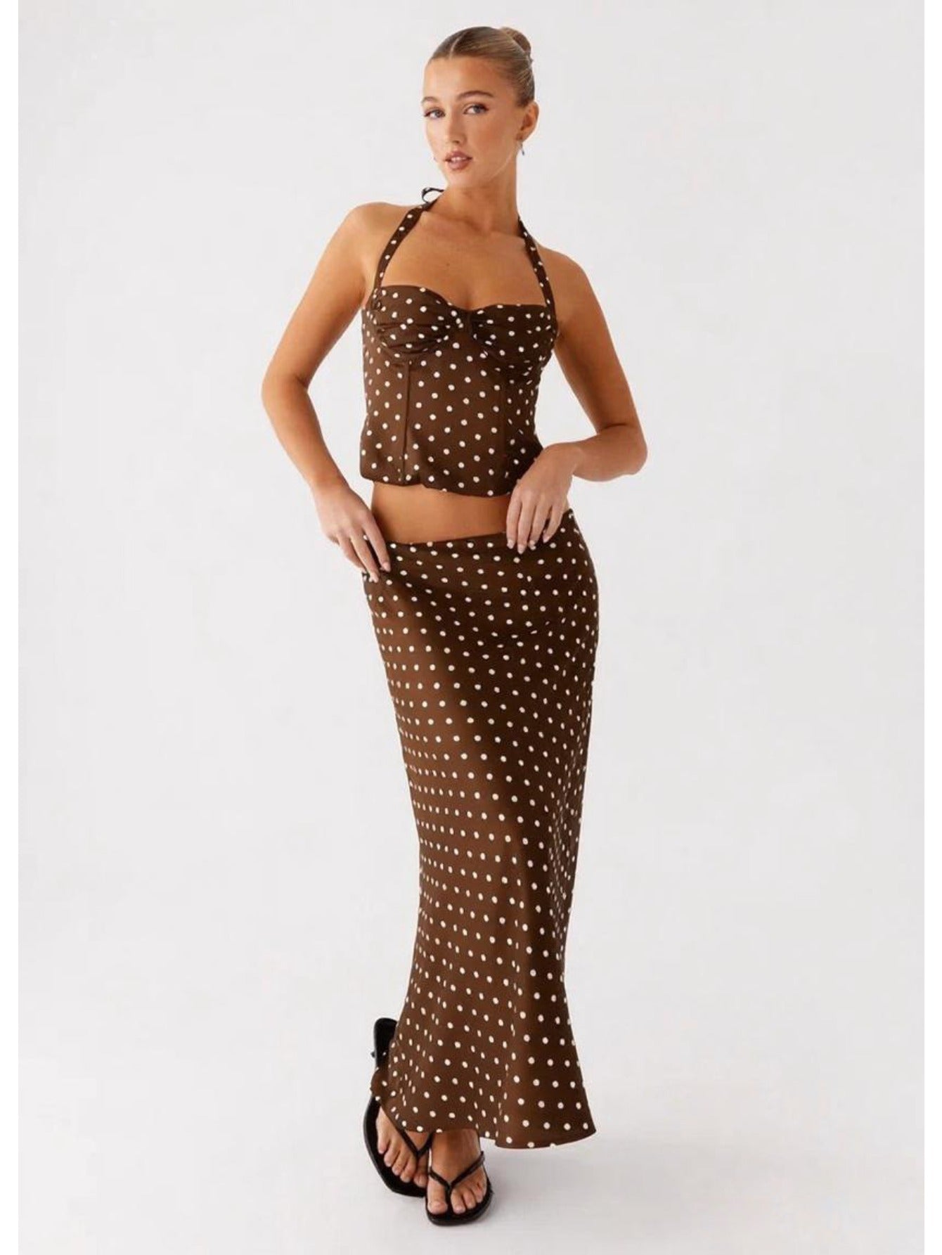 Women's Polka Dot Sexy Backless V-Neck Halter Cami Top & High Waist Flowy Long Skirt 2pcs Set, Elegant, Slim Fit, Figure Flattering, Perfect for Daily, Dating, Vacation, Streetwear.