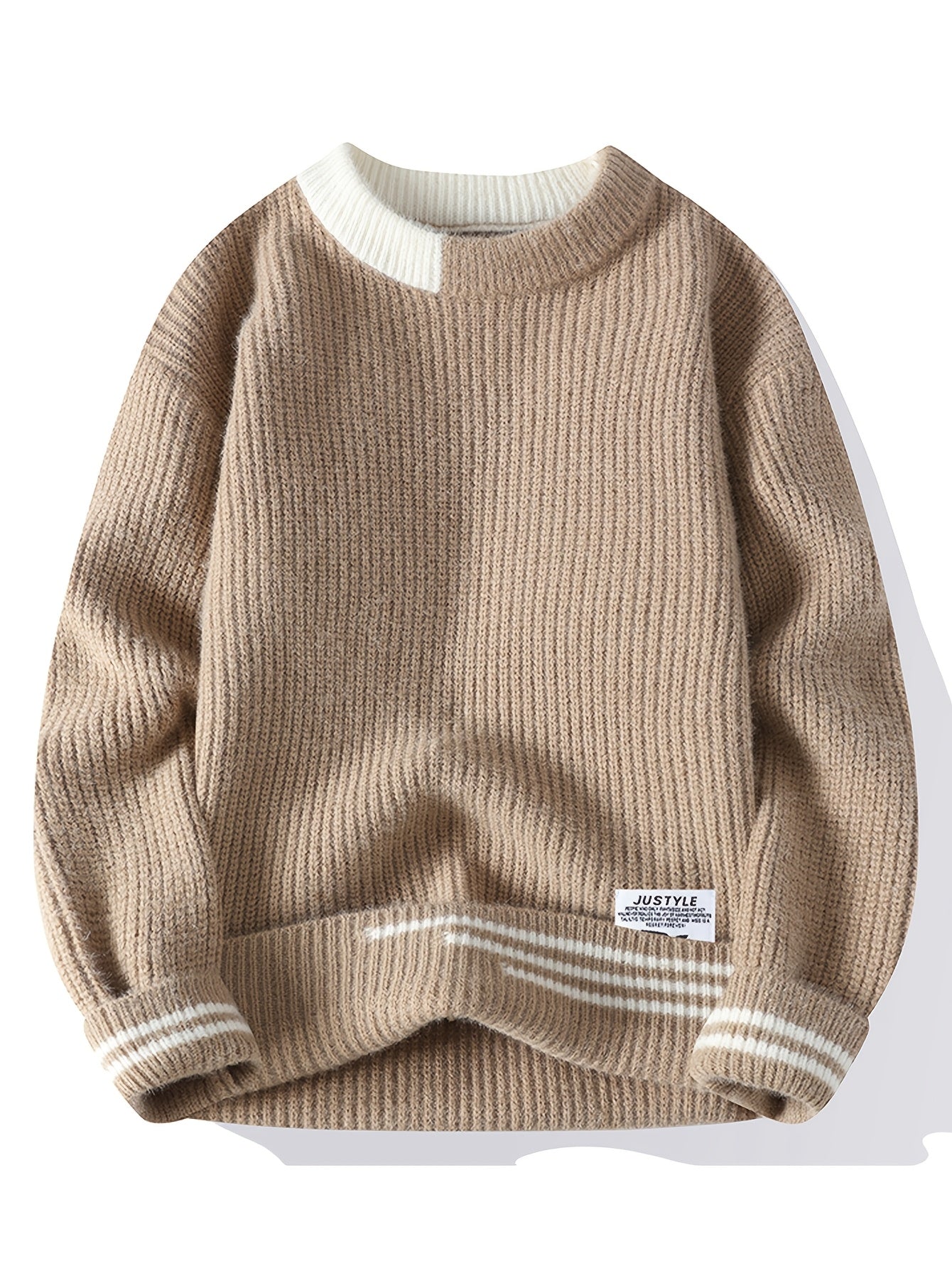 Autumn Winter New Trendy Youth Thickened Men'S Base Sweater | Warm Knitted Top with Crew Neck, Long Sleeve, Geometric-pattern, Velvet Fabric, Slight Stretch, Skinny Fit