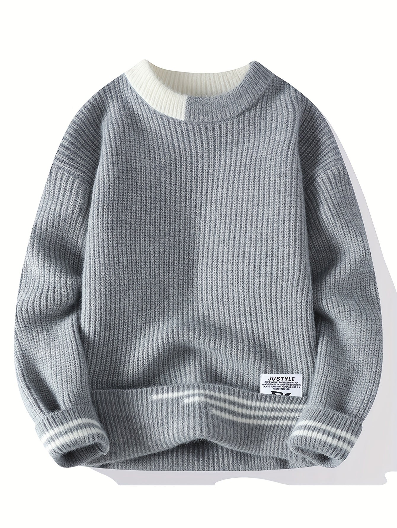 Autumn Winter New Trendy Youth Thickened Men'S Base Sweater | Warm Knitted Top with Crew Neck, Long Sleeve, Geometric-pattern, Velvet Fabric, Slight Stretch, Skinny Fit