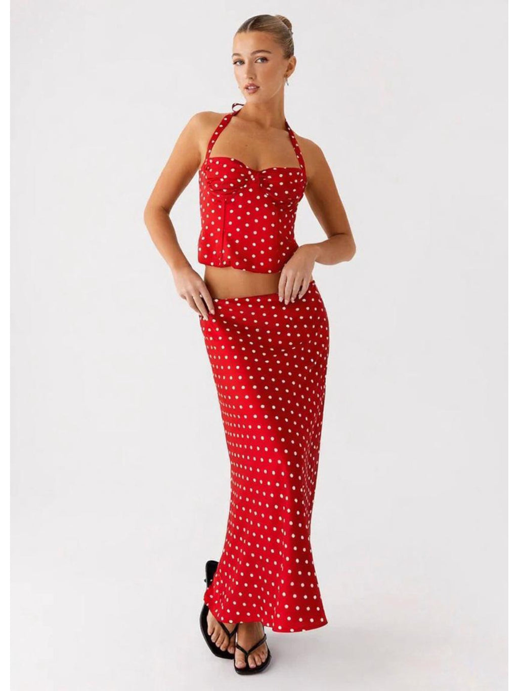 Women's Polka Dot Sexy Backless V-Neck Halter Cami Top & High Waist Flowy Long Skirt 2pcs Set, Elegant, Slim Fit, Figure Flattering, Perfect for Daily, Dating, Vacation, Streetwear.