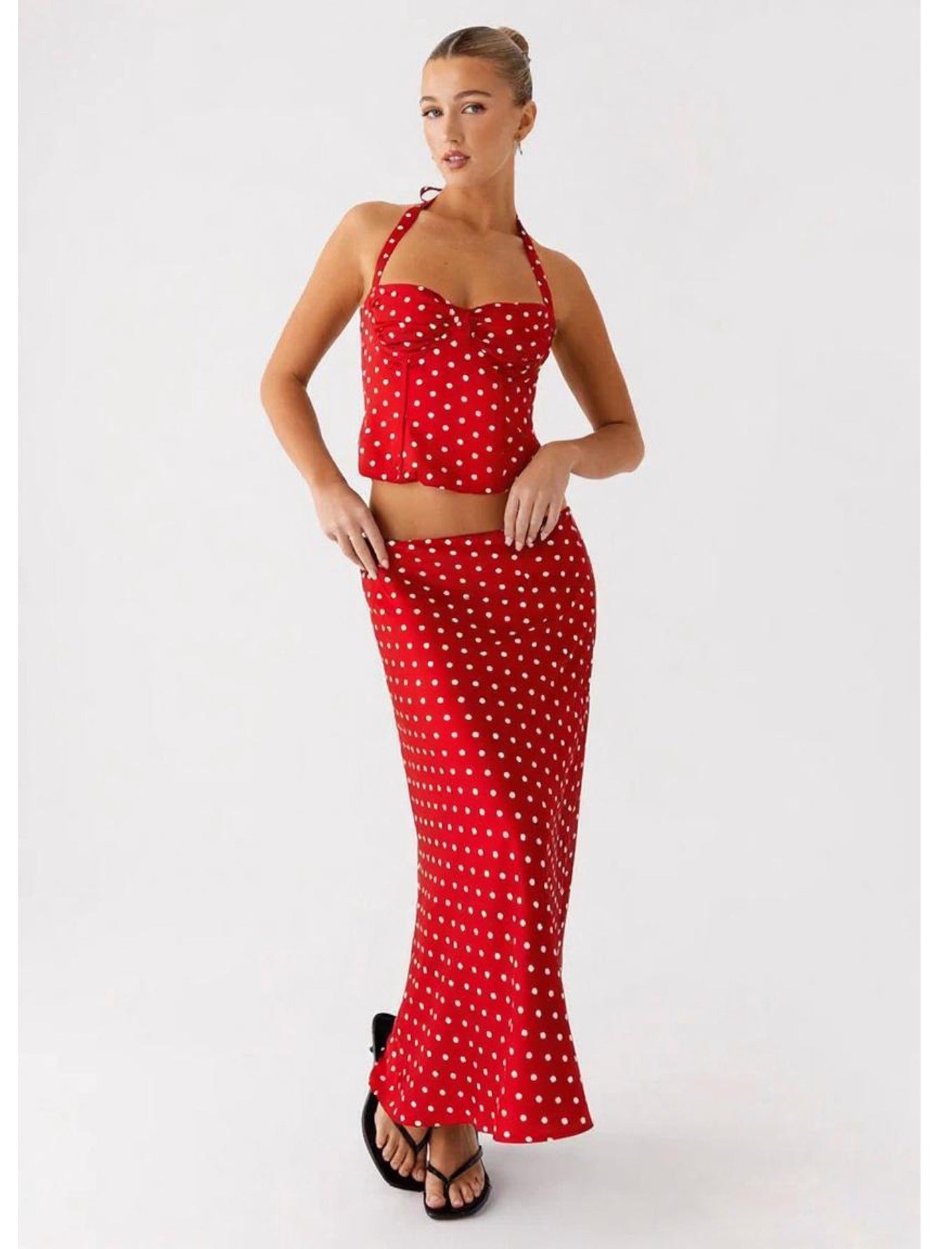 Women's Polka Dot Sexy Backless V-Neck Halter Cami Top & High Waist Flowy Long Skirt 2pcs Set, Elegant, Slim Fit, Figure Flattering, Perfect for Daily, Dating, Vacation, Streetwear.