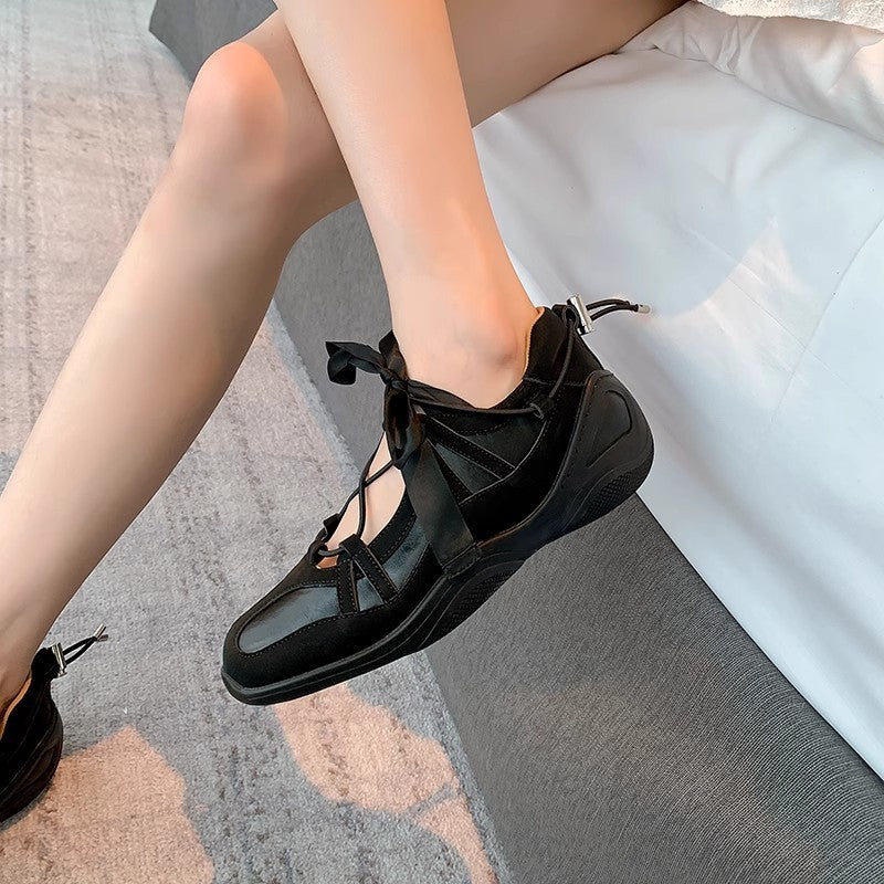 Summer Trendy Niche Ballet-Style Sneakers for Women with Thick Soles And Bow, Silvery Mary Jane Flats., Women Shoes