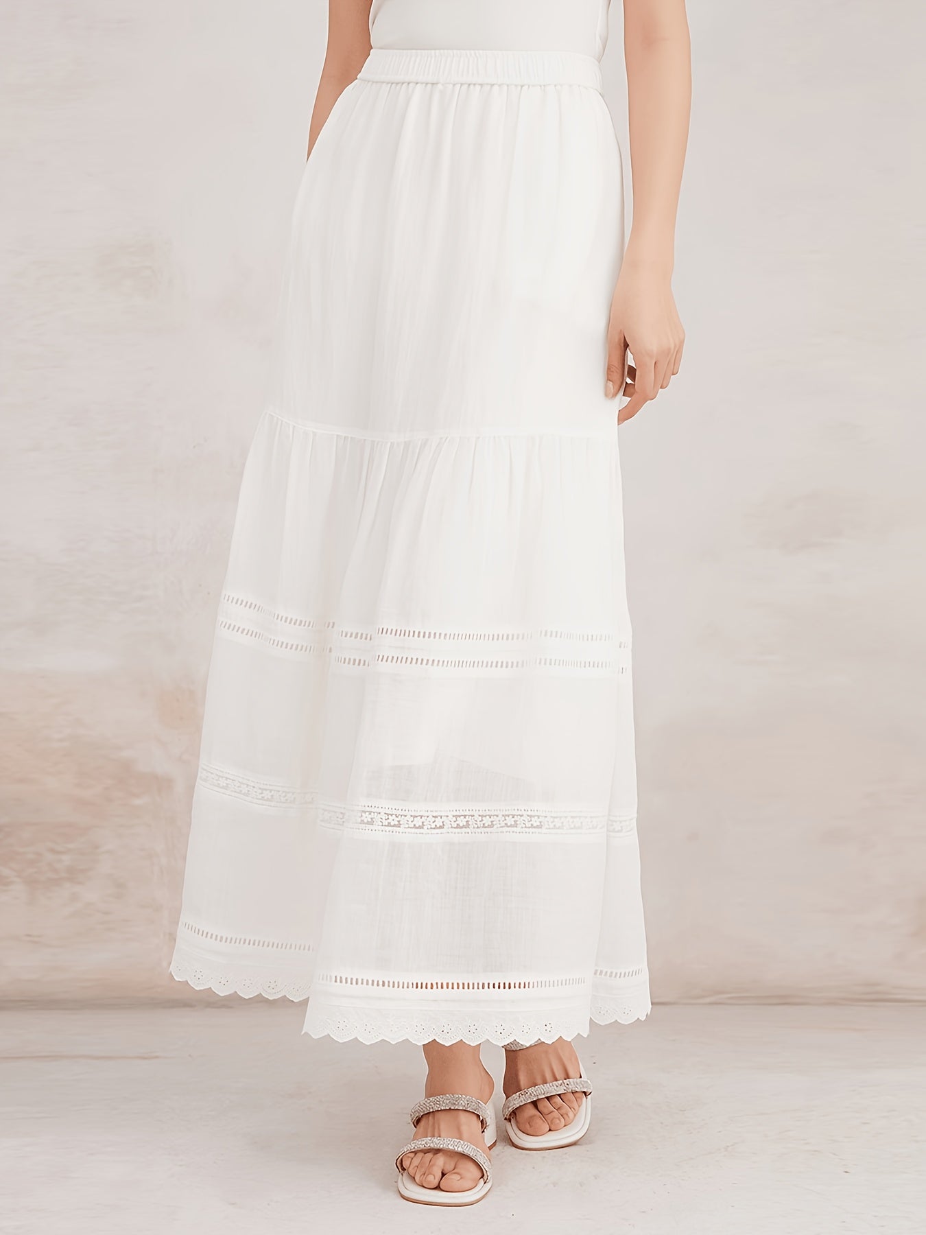 K3093W 100% Ramie Layered Maxi Skirt Featuring Lace Trim, Bohemian Vintage Elegant Flowing Women'S Summer Skirt, Lightweight And Breathable Style Skirt