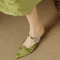 New Summer Chinese-Style Qipao for Women, Featuring Closed-Toe Half with Floral Fabric And Rhinestone Accents, Flat Shoes with a Single Buckle., Women Shoes