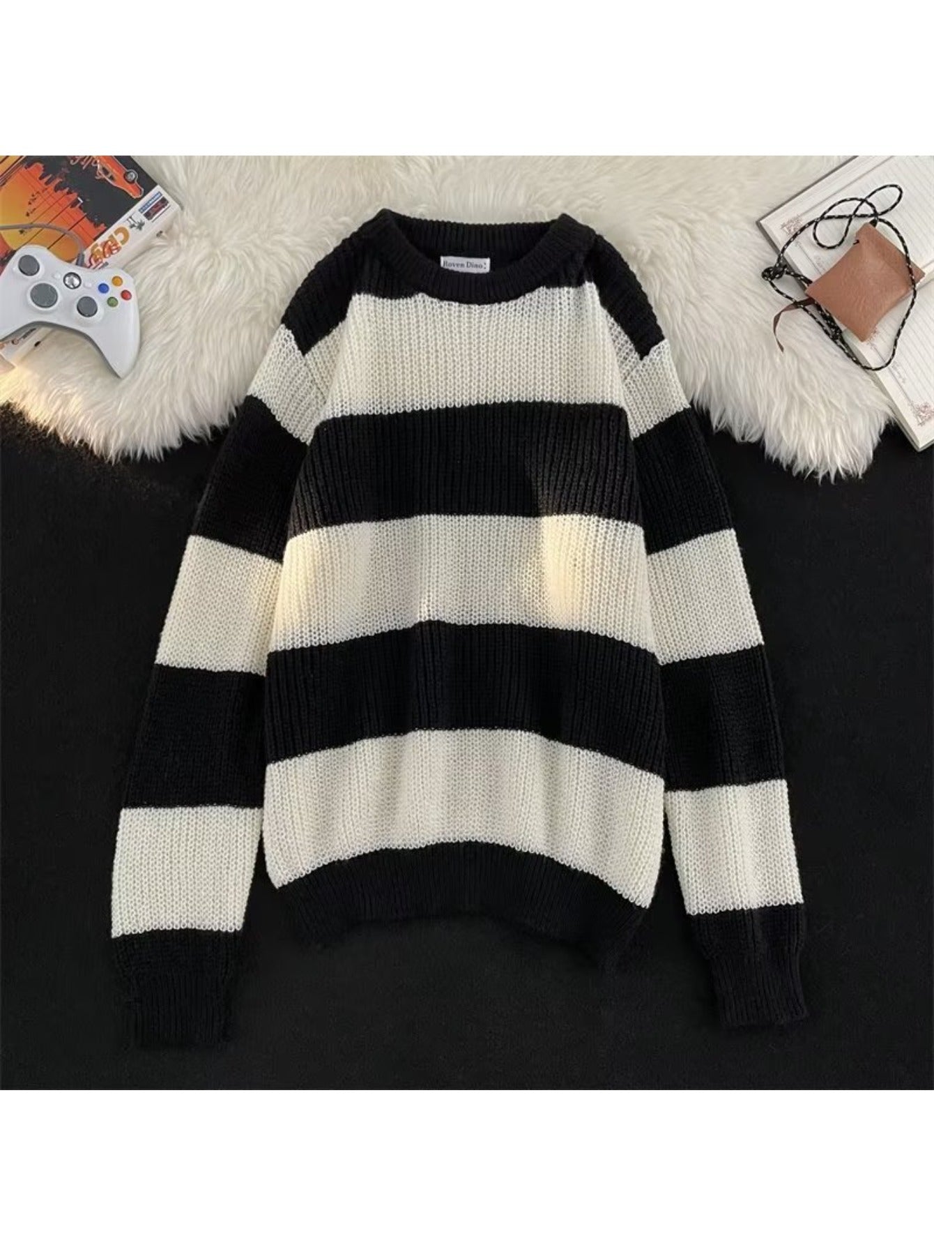 Men's Wool Contrast Sweater, Coffee-Brown\u002FBlack-White Stripes + Vertical Rib Texture + Oversized Fit, Trendy Brand Lazy Style Couple's Knit Top Coat