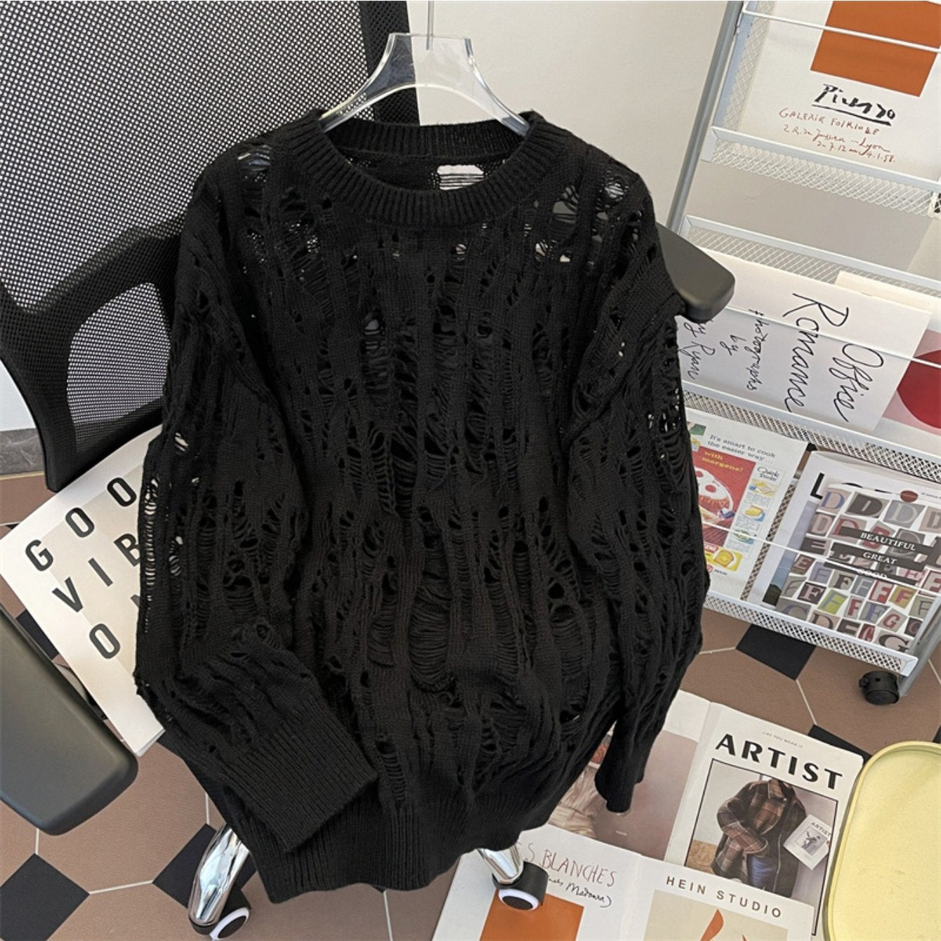 New Men's Wool Knitwear, Pure White Base + Hollow Out Ripped Distressed Design + Oversized Fit, Korean Lazy Style Statement Sweater Coat