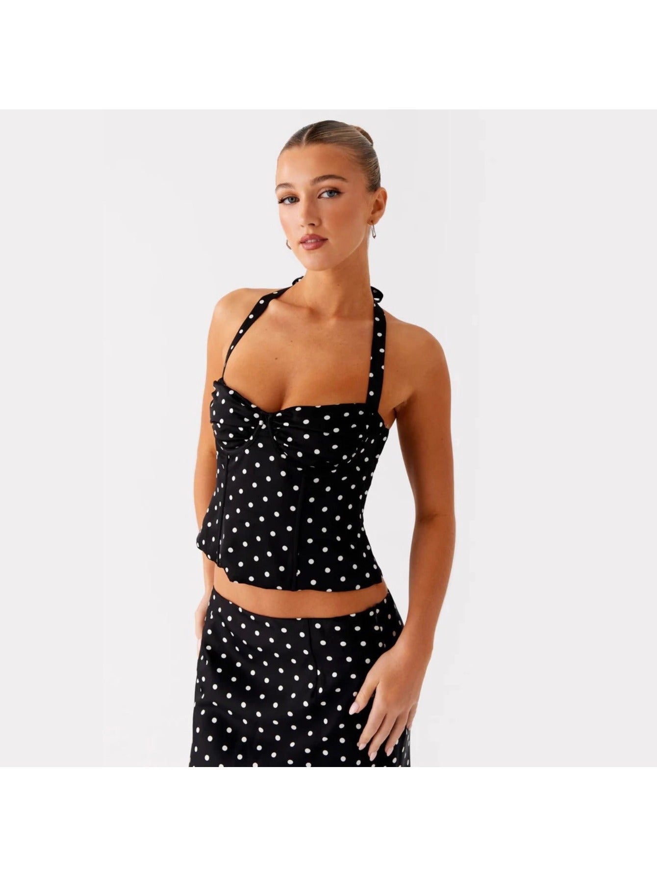 Women's Polka Dot Sexy Backless V-Neck Halter Cami Top & High Waist Flowy Long Skirt 2pcs Set, Elegant, Slim Fit, Figure Flattering, Perfect for Daily, Dating, Vacation, Streetwear.