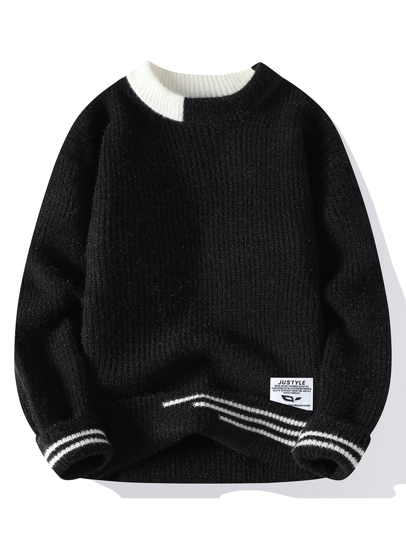 Autumn Winter New Trendy Youth Thickened Men'S Base Sweater | Warm Knitted Top with Crew Neck, Long Sleeve, Geometric-pattern, Velvet Fabric, Slight Stretch, Skinny Fit